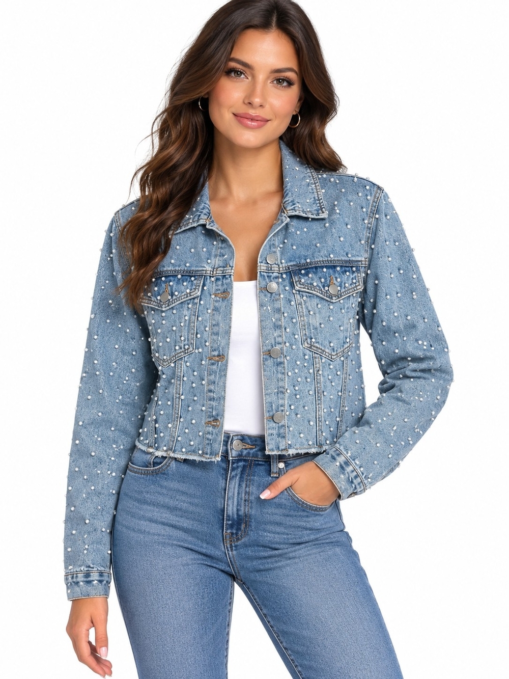 SHEIN Light Blue Pearl-Embellished Denim Jacket